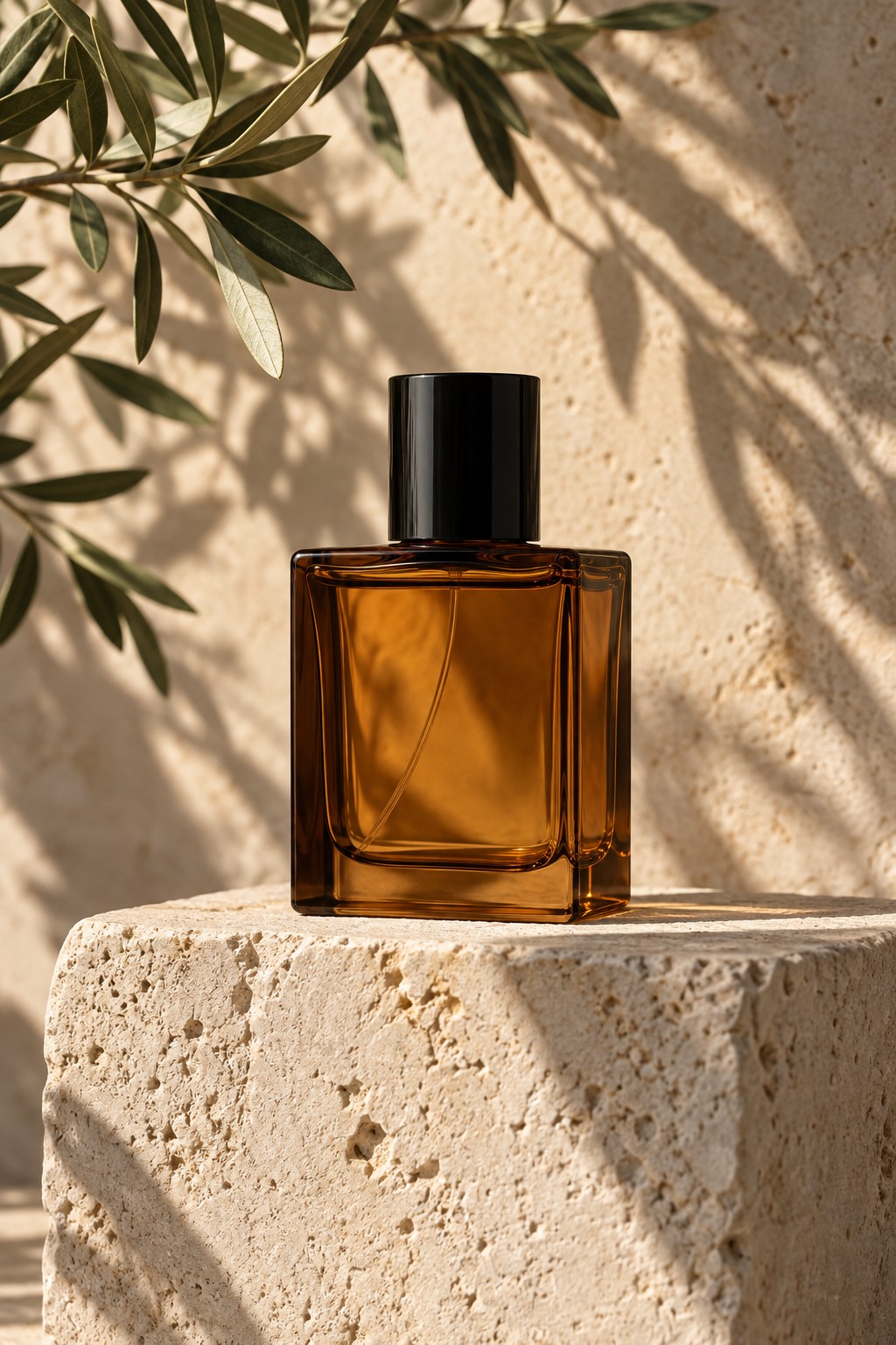 Illustrative perfume product photography on a stone display
