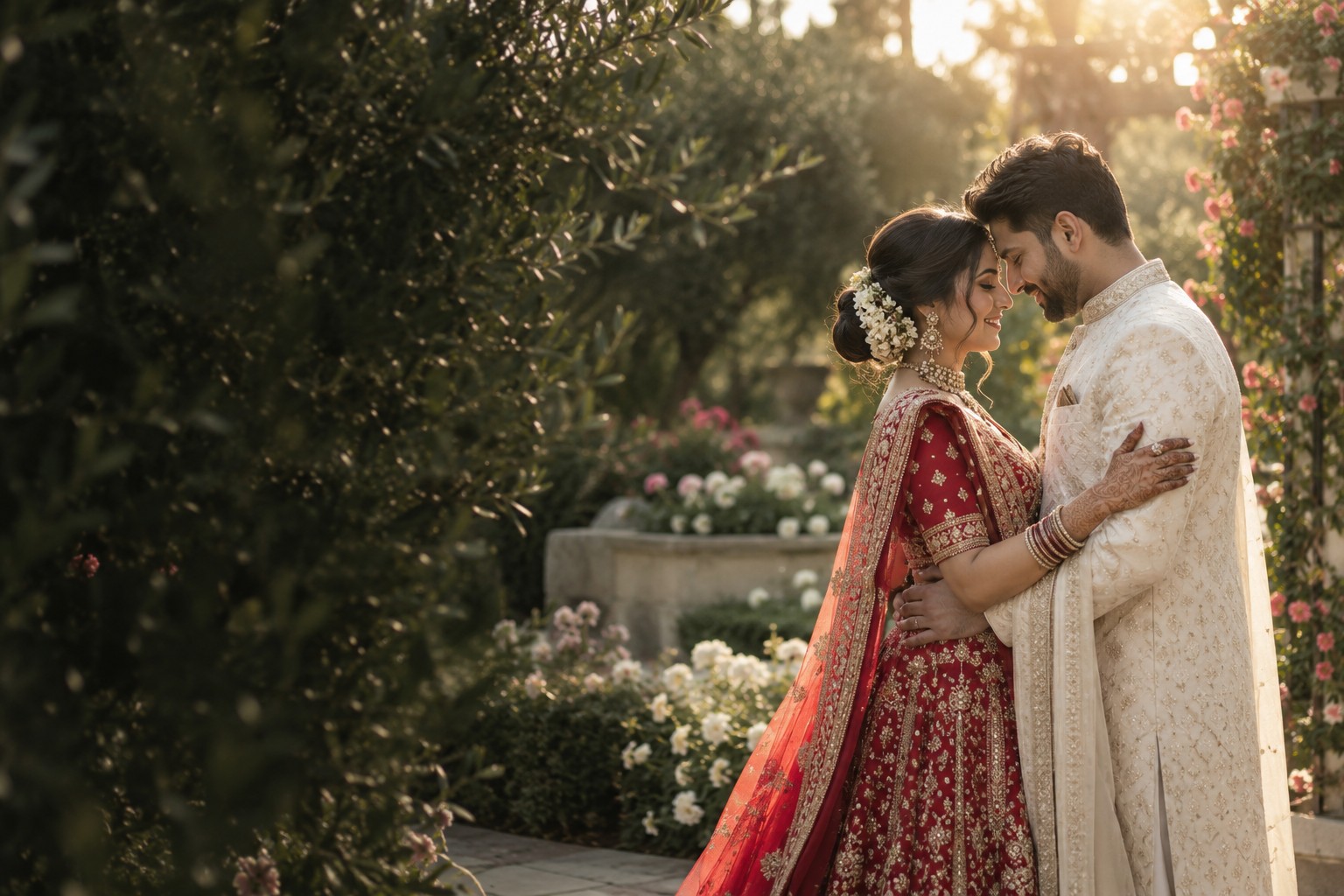 Illustrative Indian wedding portrait in a sunlit flower garden